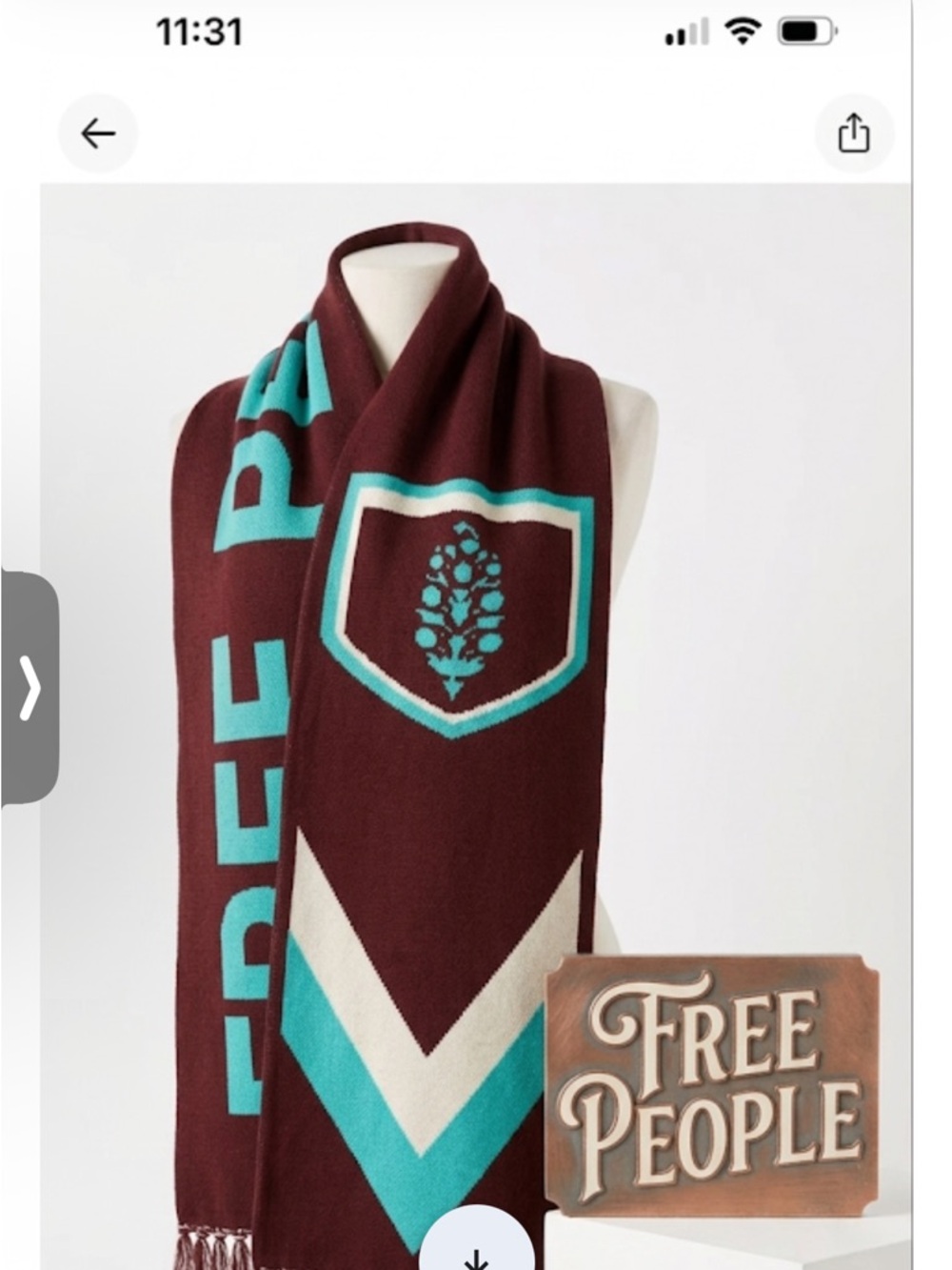 Free people movement Maroon and Teal Knit Scarf with Crest Detail new